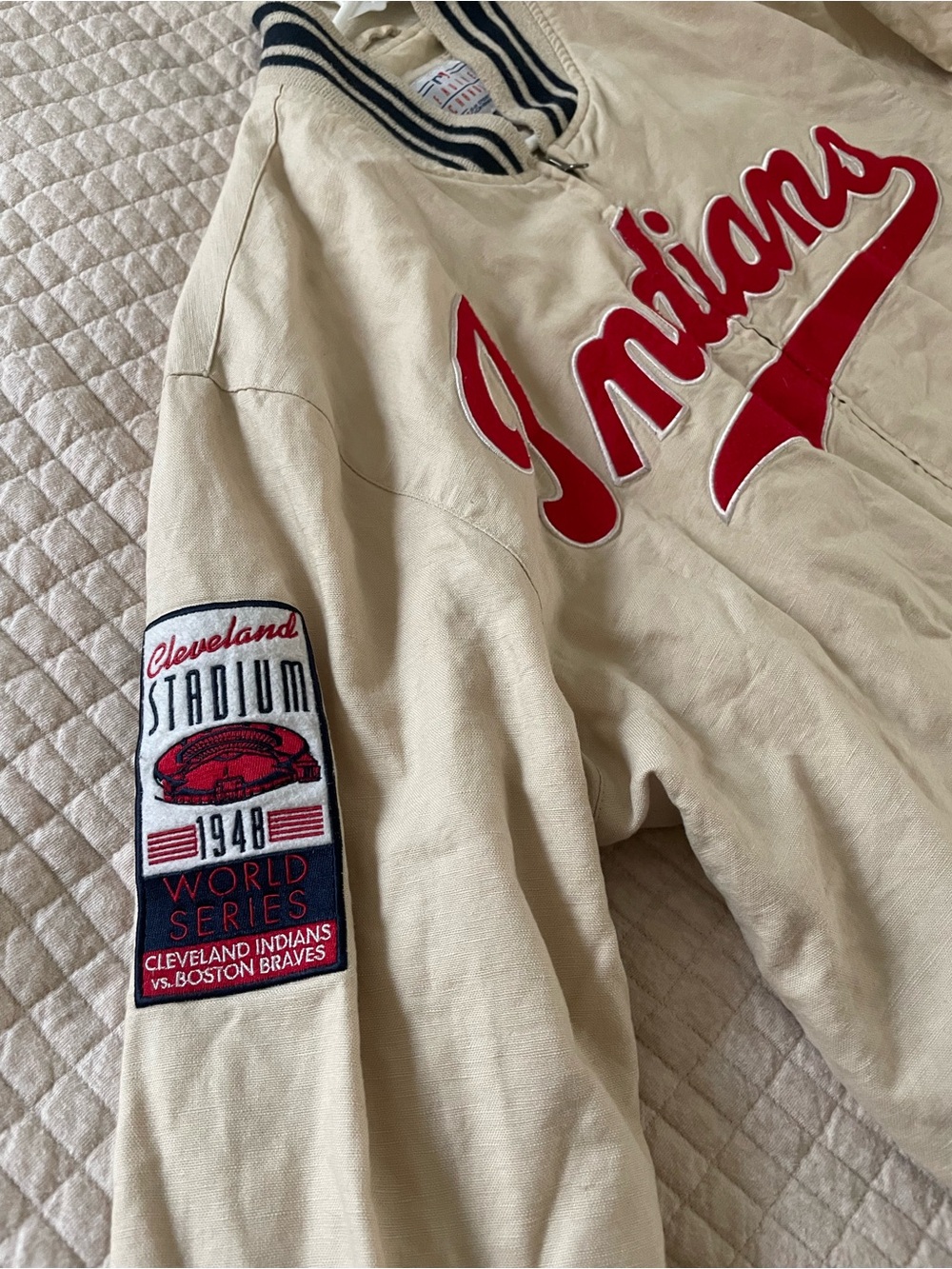 Indians Guardians baseball Script Bomber Jacket in Beige and Red - Picture 2 of 4
